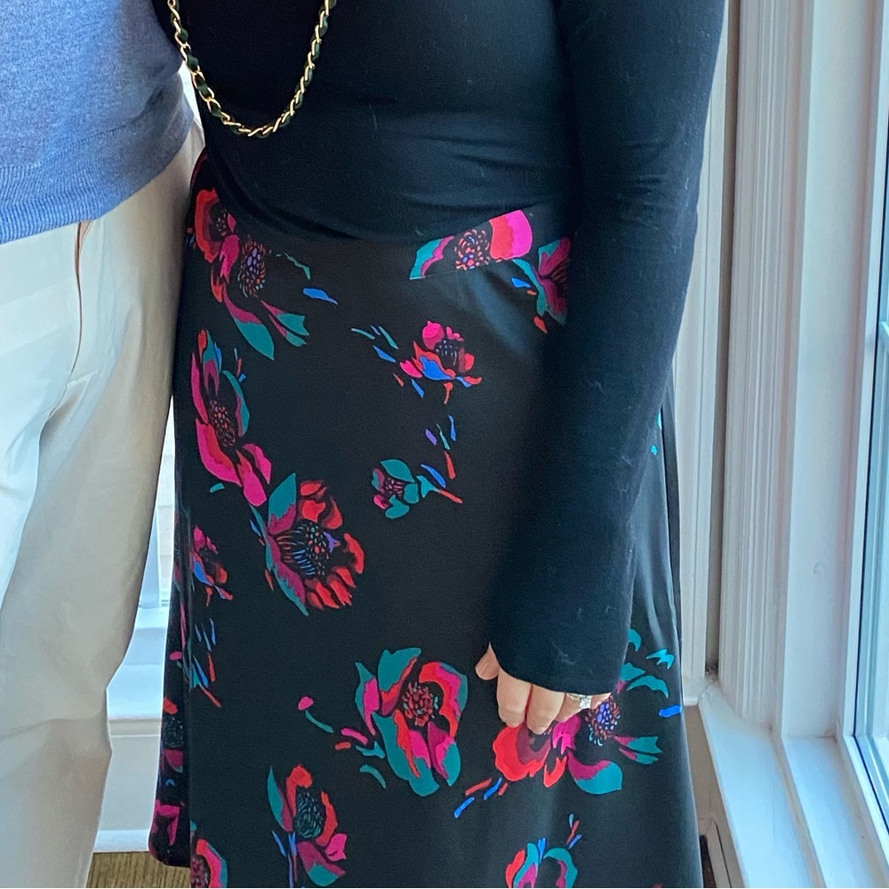 J. Crew Factory Black and Pink Floral Satin Midi Skirt, Small